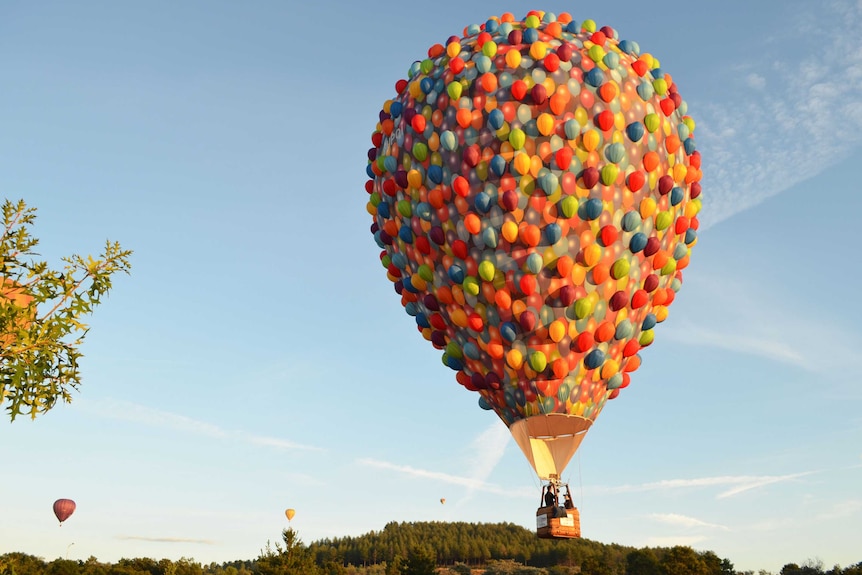 A hot air balloon made up of smaller balloons takes flight.