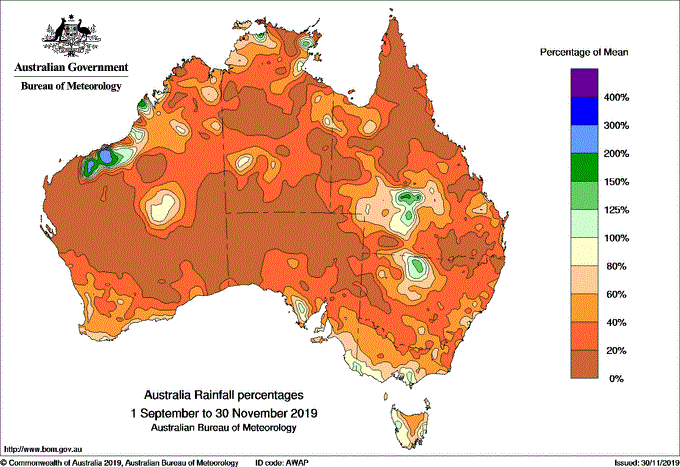 Map of Australia mostly brown and orange - indicating less than 40% of average rainfall