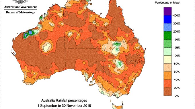 Map of Australia mostly brown and orange - indicating less than 40% of average rainfall