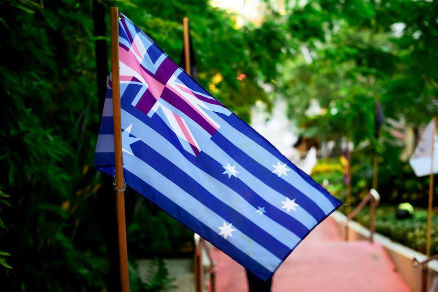 Flag that superimposes the Greek and Australian flags on Jacob's Ladder city stairs in Brisbane
