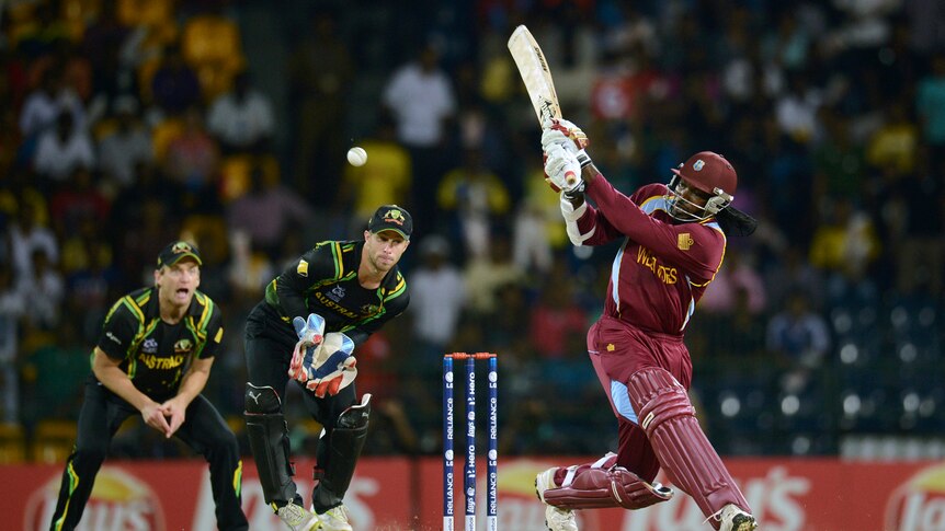 West Indies' Chris Gayle launches another six against Australia at the World Twenty20.