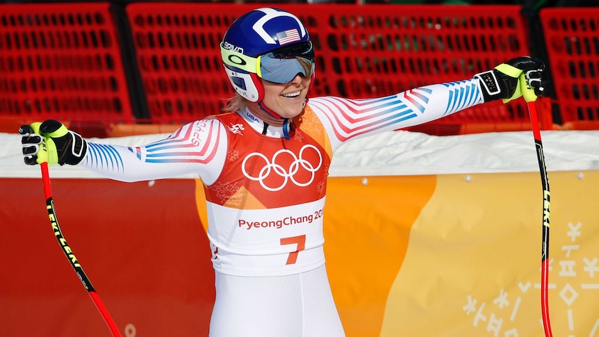 Lindsey Vonn  smiling after completing her run in the women's downhill at the Olympic Winter Games.