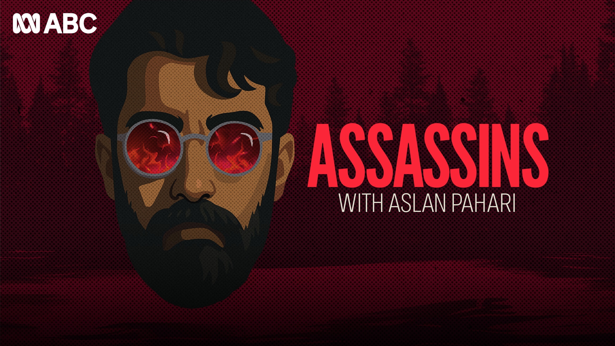 A dark illustration featuring a man's face with dark hair, beard and glasses