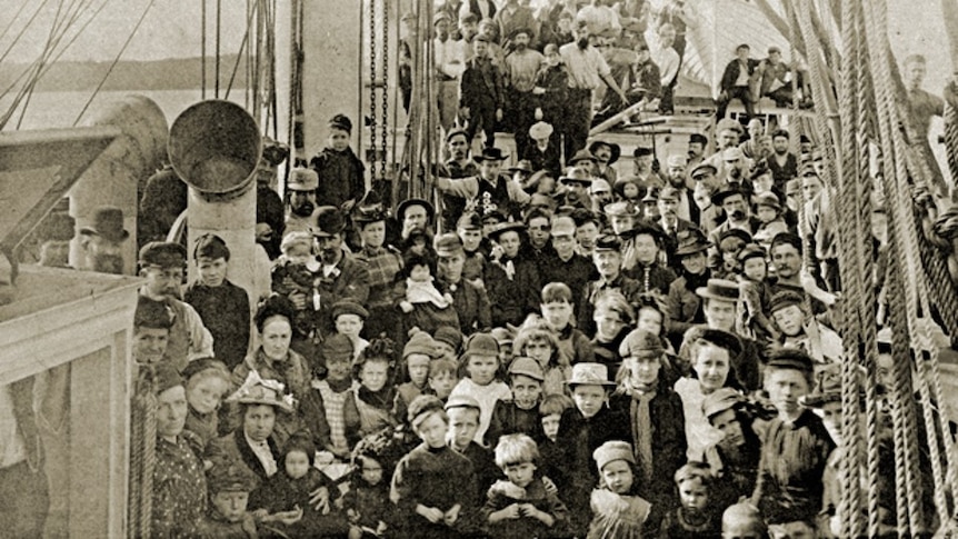 Men women and children on the tall ship the Royal Tar sailing to Paraguay via Argentina 