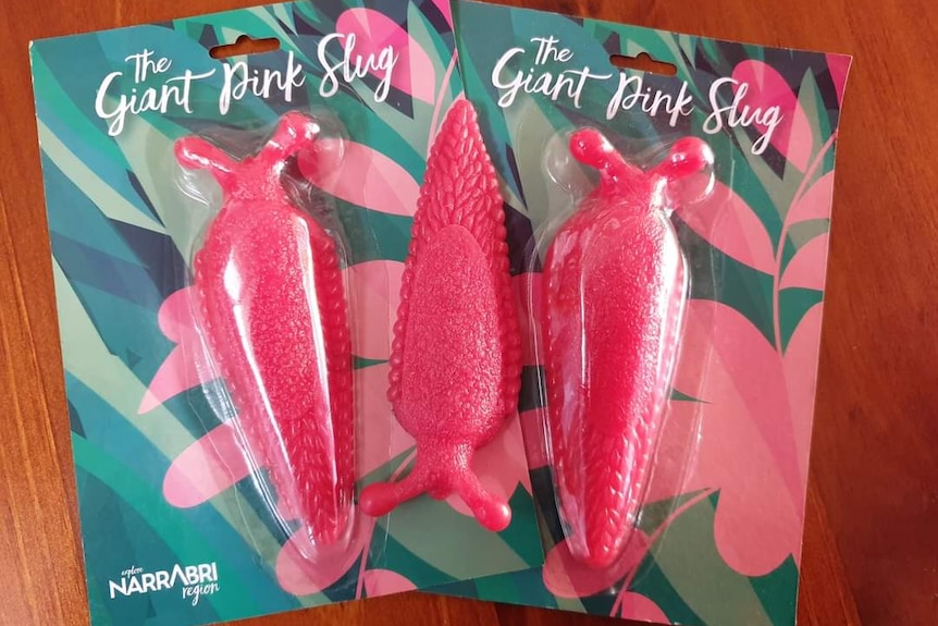 A photo of right pink slug toys in plastic packaging