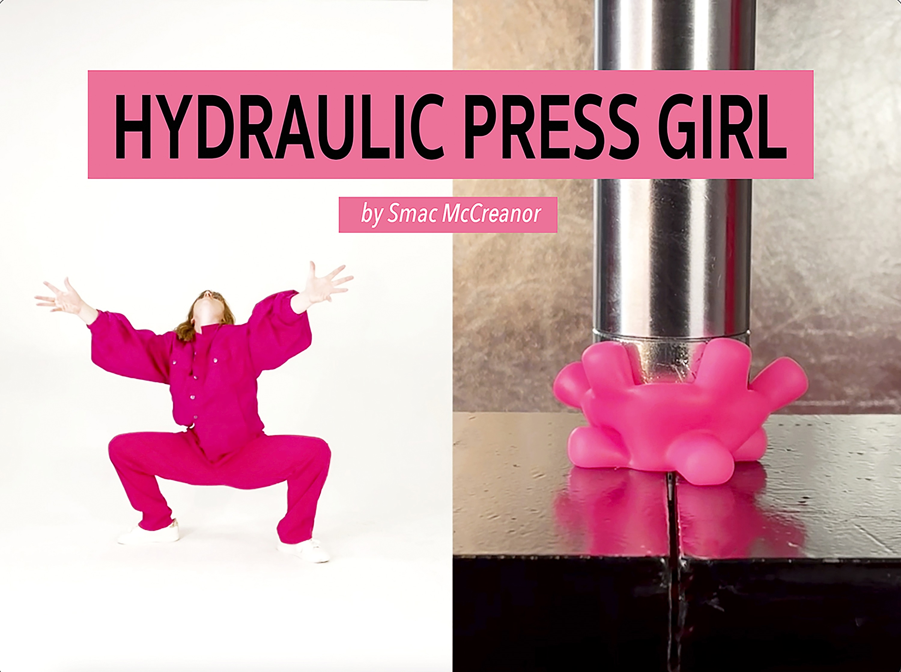 A still from a side-by-side video showing a hydraulic press crushing a pink toy on the right and a woman in pink on left
