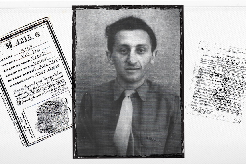A graphic of archives that include visa documents and a photograph of a young man.