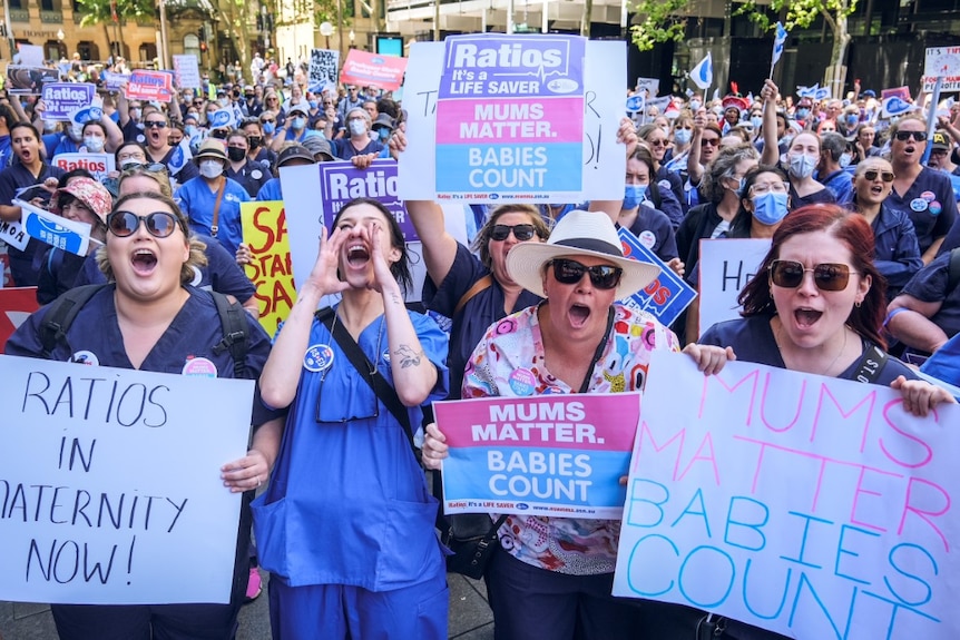 People in a crowd holding signs 