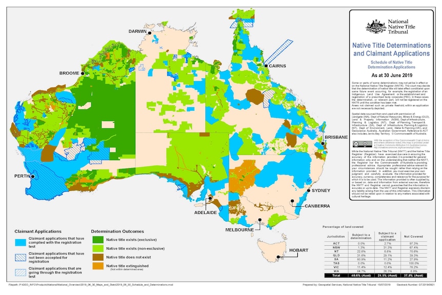 A map from the National Native Title Tribunal shows the native title status of all areas of Australia
