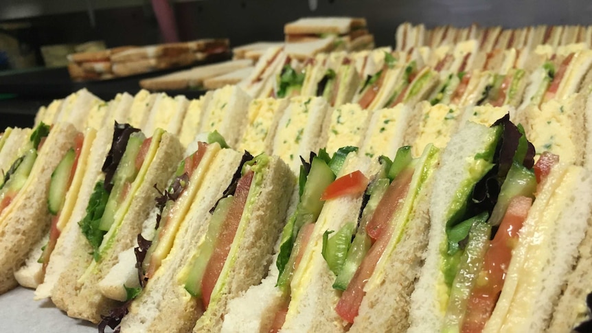 Cut sandwiches on a platter