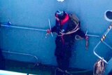 An activist from Sea Shepherd remains tied up