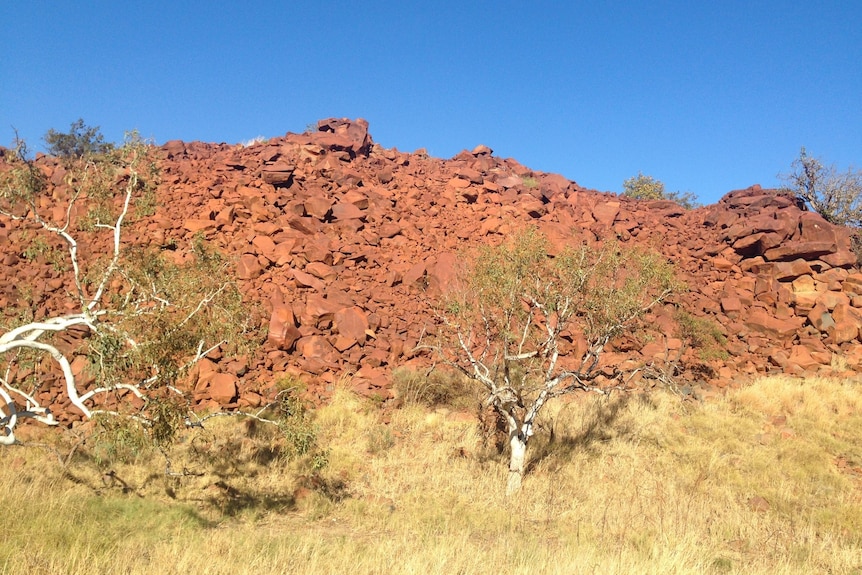 Pile of red rocks along road side, dry grass and bare trees in the foreground.