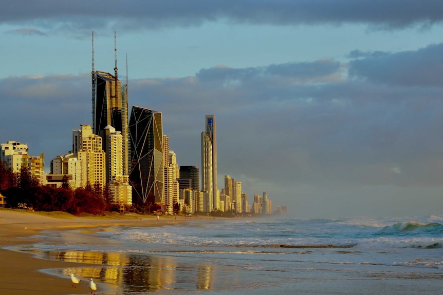 Highrise buildings along the beach at sunrise