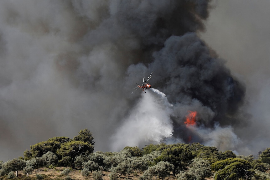 A helicopter waterbombing in front of a dark plume of smoke