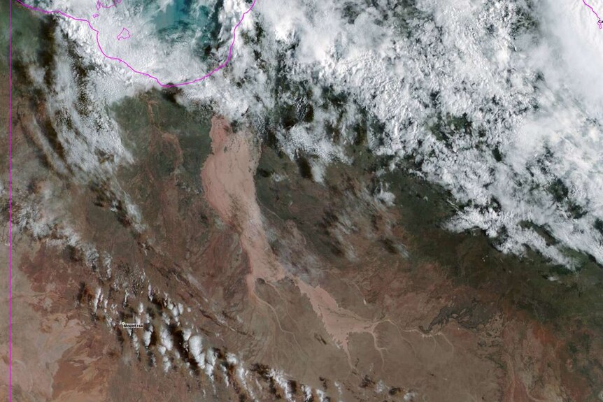 Satellite image of the large scale flooding over Queensland stretching from the Gulf of Carpentaria down to south of Mount Isa.