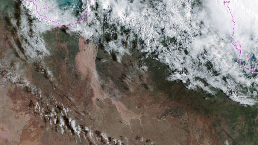 Satellite image of the large scale flooding over Queensland stretching from the Gulf of Carpentaria down to south of Mount Isa.