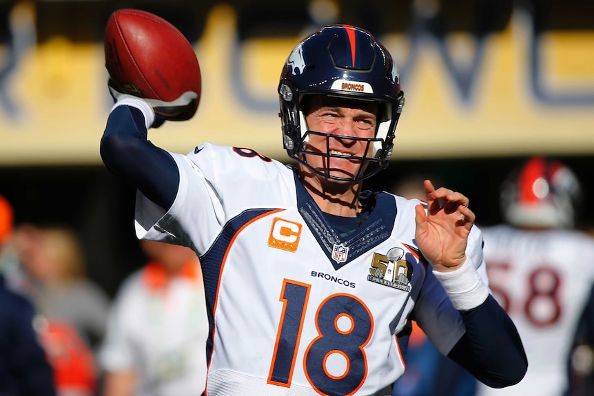 Denver Broncos quarterback Peyton Manning warms up on the field before Super Bowl 50.