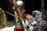 Germany's so-called oracle octopus, Paul, swims in front of a mock soccer World Cup trophy
