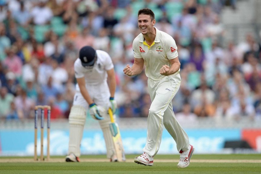 Mitchell Marsh takes the wicket of England's Jos Buttler at The Oval.