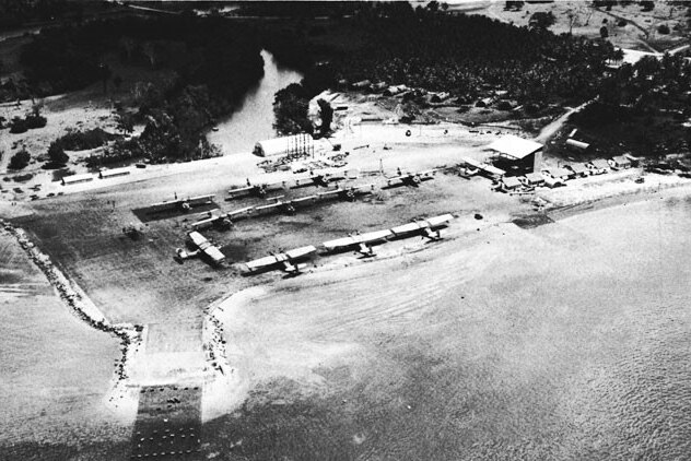 A black and white image of a US military sea plane base.