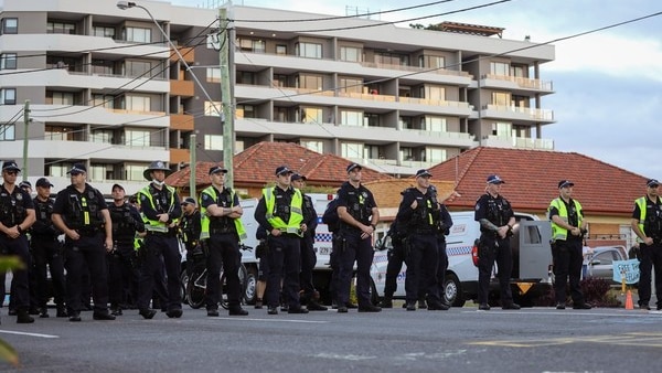 A line of police.