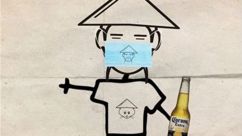 A cartoon picture of an Asian person wearing a conical hat and a face mask and holding a Corona beer.