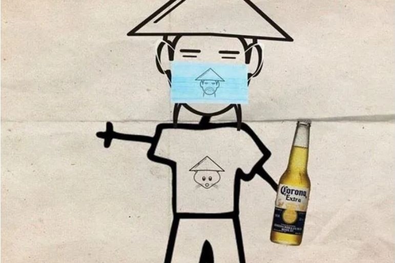 A cartoon picture of an Asian person wearing a conical hat and a face mask and holding a Corona beer.