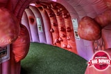 An inflatable Big Bowel that people can walk through, showing polyps and cancerous growths