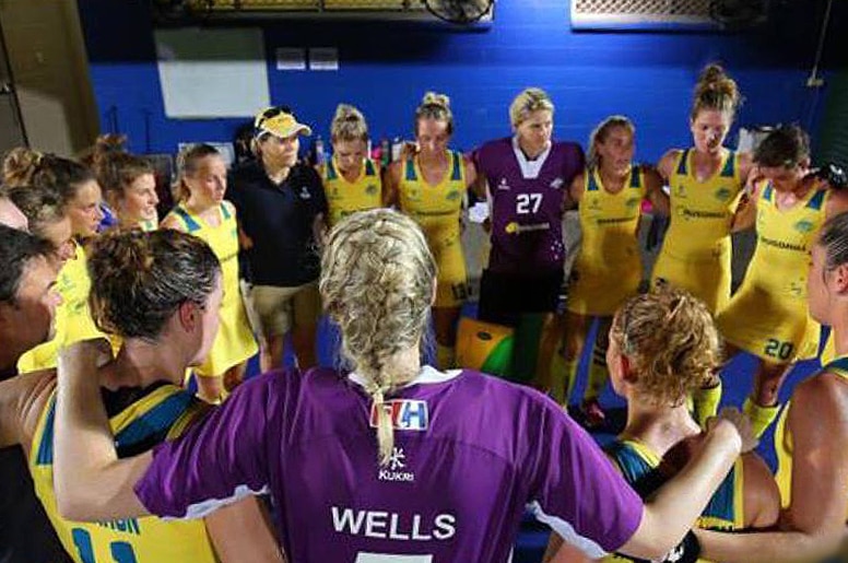 Hockeyroos gather before their match against New Zealand.