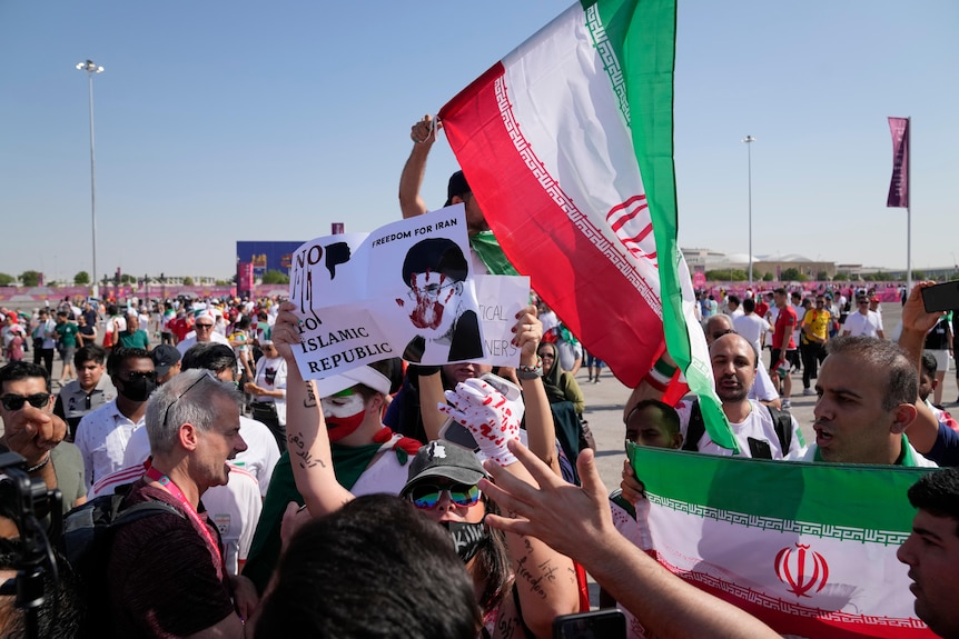 Iran supporters hold up placards and flags