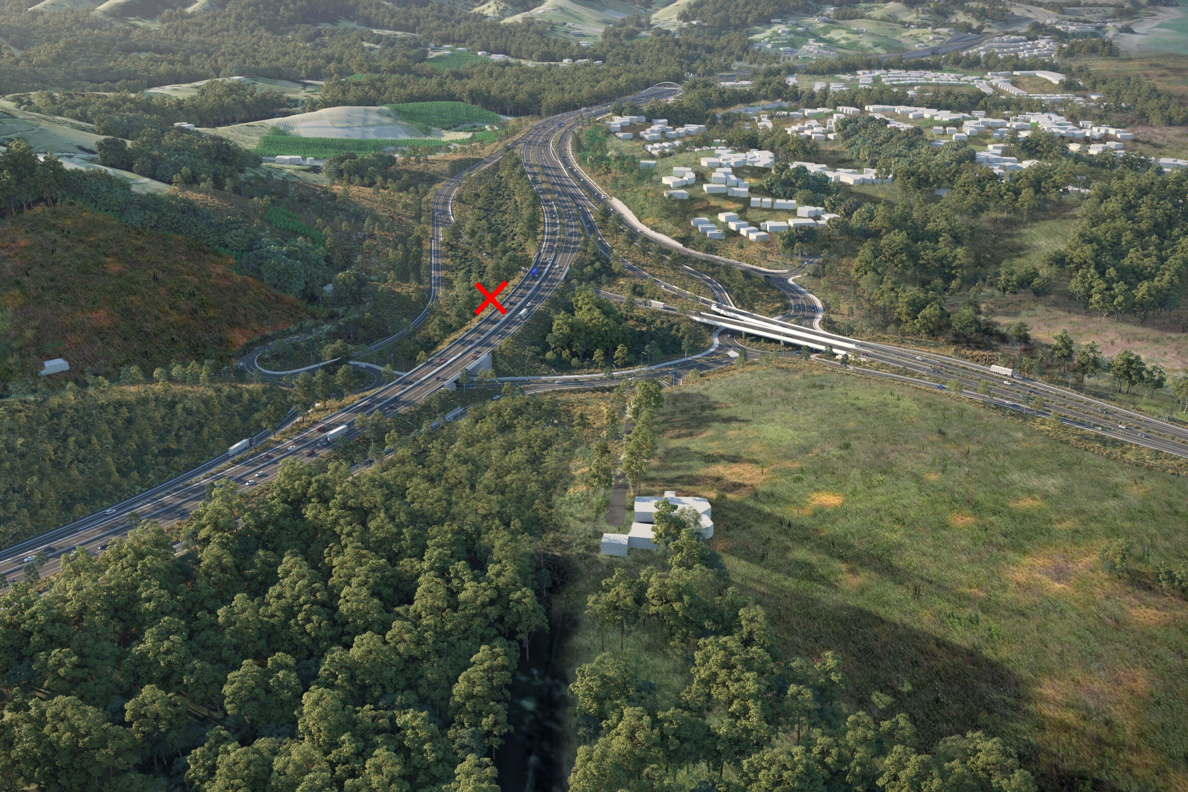 A long-shot view of a highway winding through bushland and around a town.