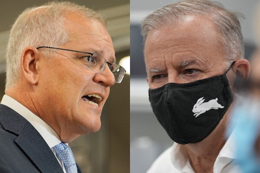 A composite image showing Scott Morrison speaking and Anthony Albanese looking serious in a black Rabbitohs face mask.