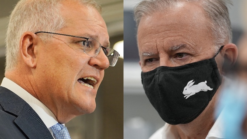 A composite image showing Scott Morrison speaking and Anthony Albanese looking serious in a black Rabbitohs face mask.