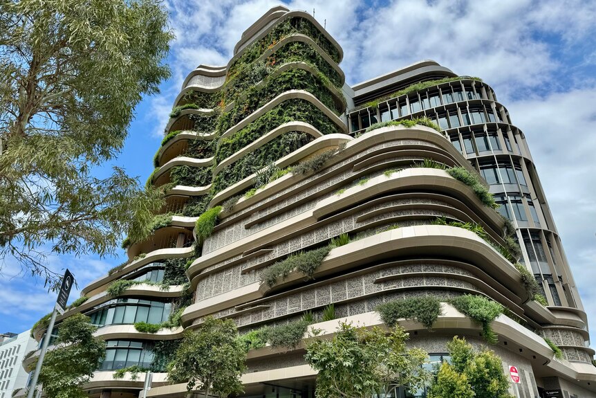 A highrise with plants growing from it.