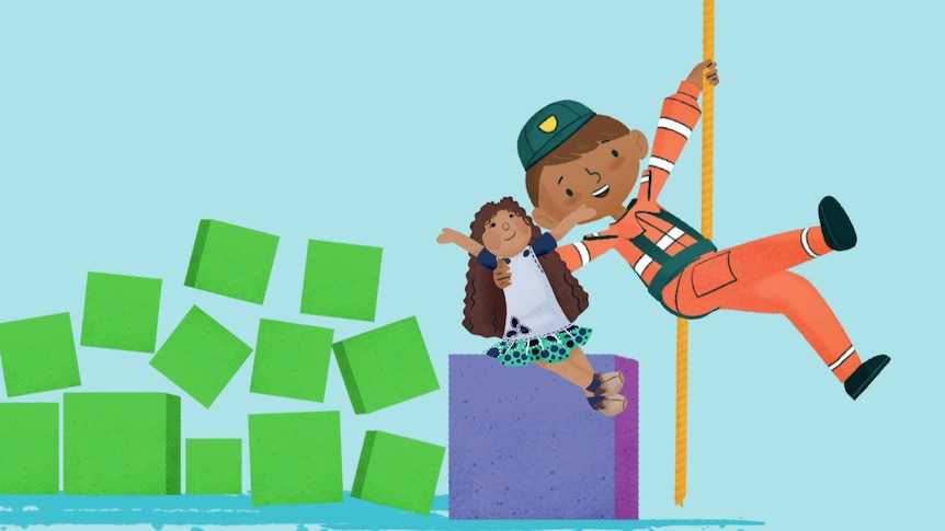 Animation of SES worker holding onto a rope with one hand and Kiya with the other.