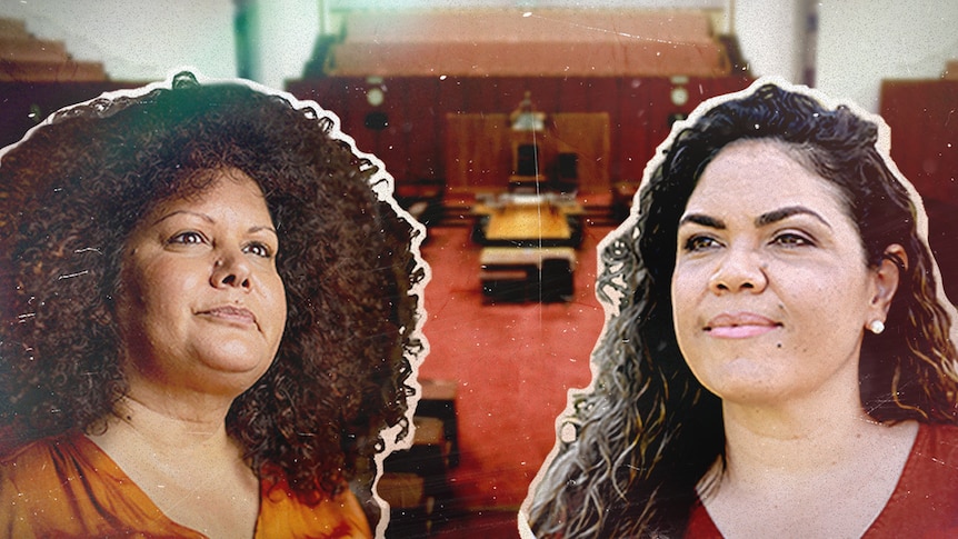 A graphic image of two women looking serious with the picture of the Australian Senate in the background.