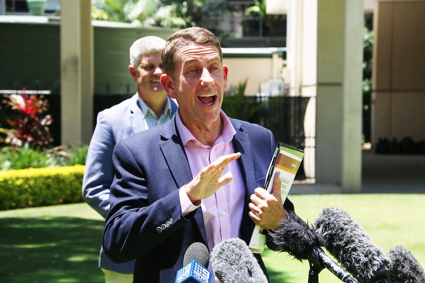 Queensland Treasurer Cameron Dick speaks at a media conference in Brisbane.