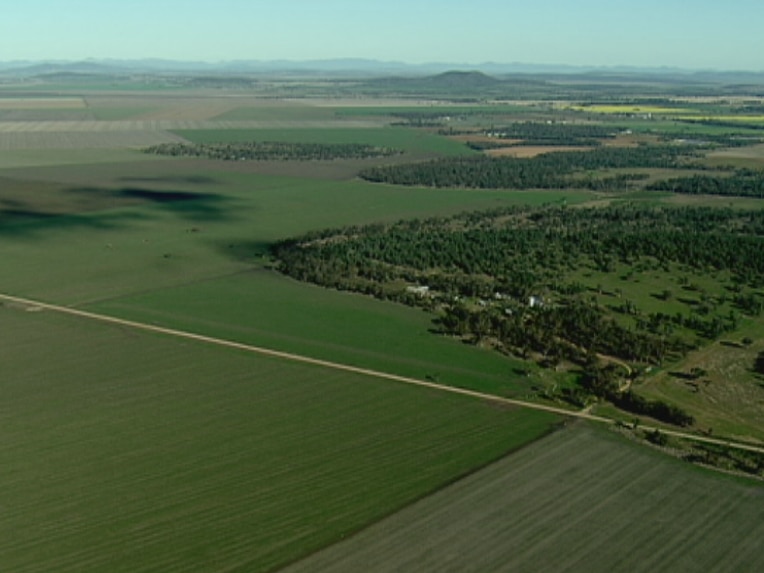 A drone shot of patches of green agricultural land