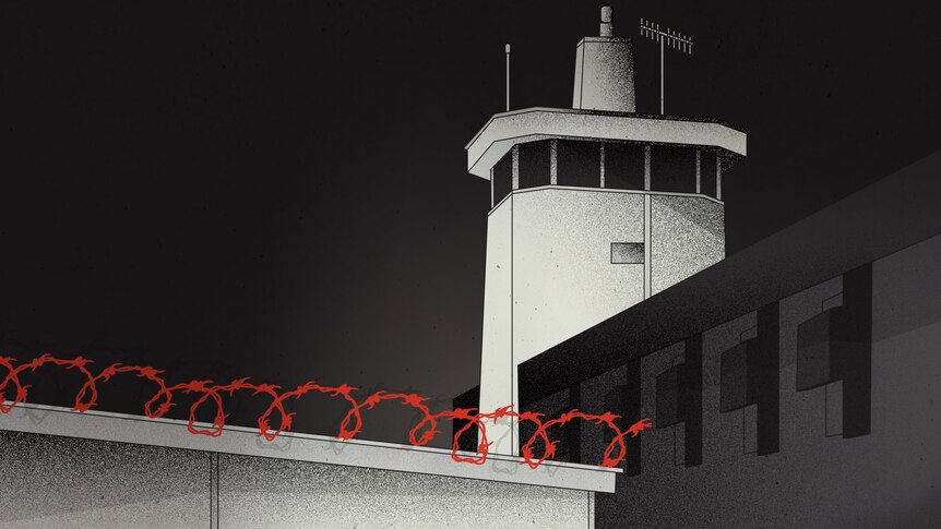 An almost grey scale illustration of the exterior of Don Dale. Barbed wire is highlighted in red. 