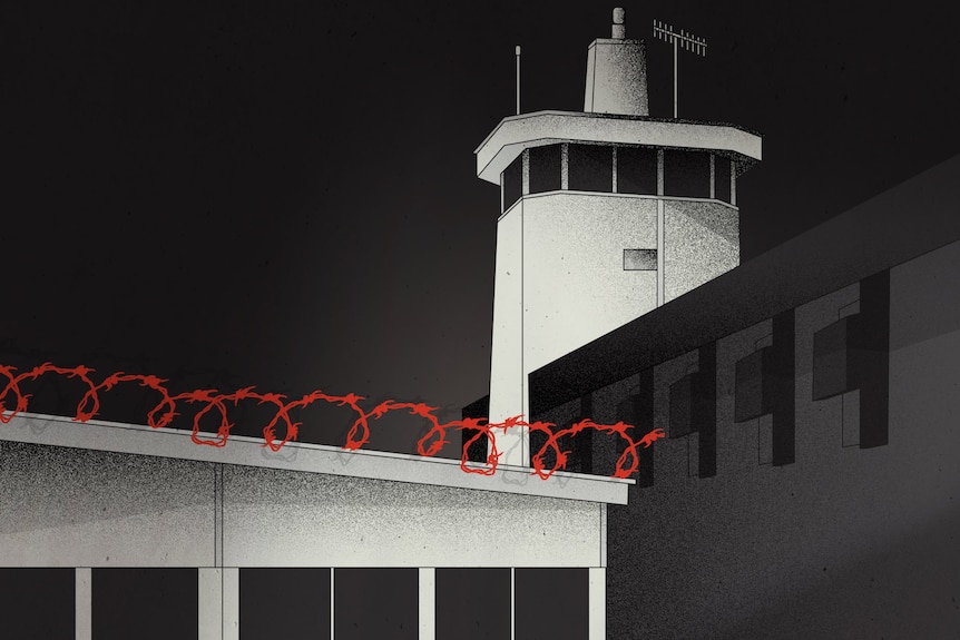 An almost grey scale illustration of the exterior of Don Dale. Barbed wire is highlighted in red. 