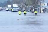 Emergency workers rescue a sheep from flood waters in Coleraine's main street.