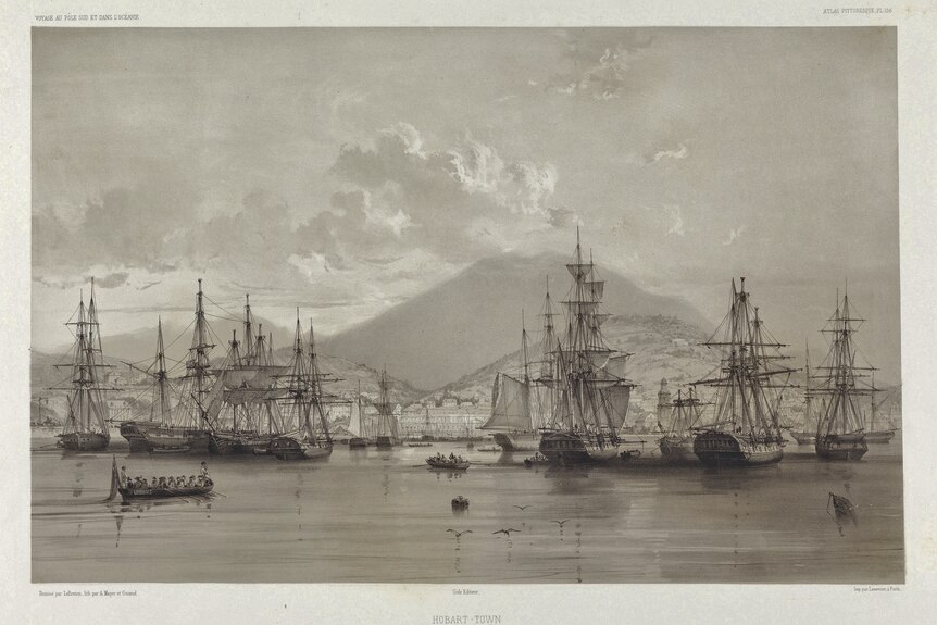 Lithograph of 1846 Hobart with ships in harbour.