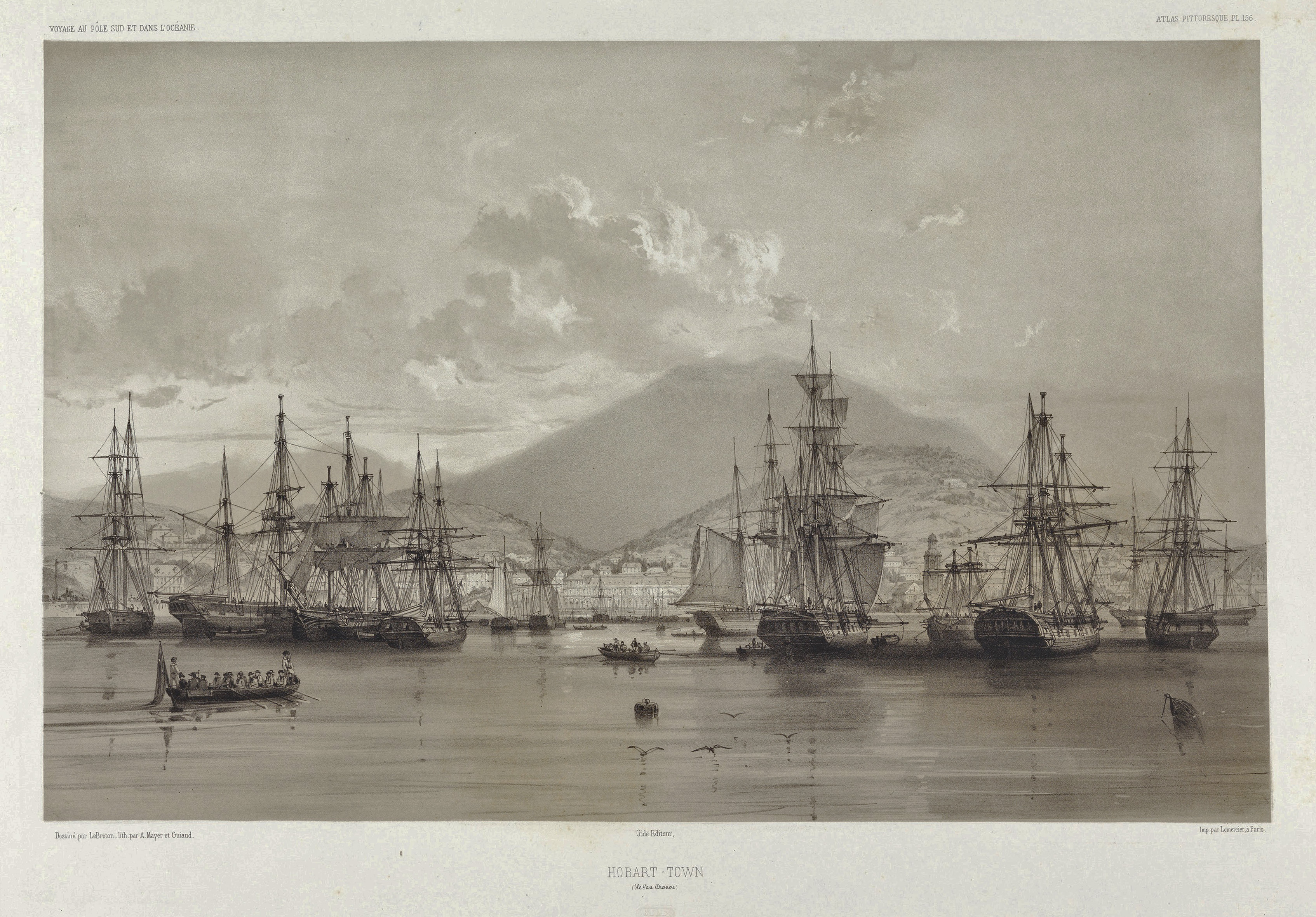 1846 年霍巴特的石版画和港口的船只。