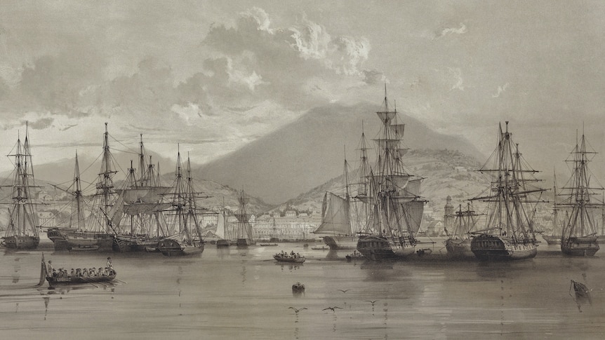 Lithograph of 1846 Hobart with ships in harbour.