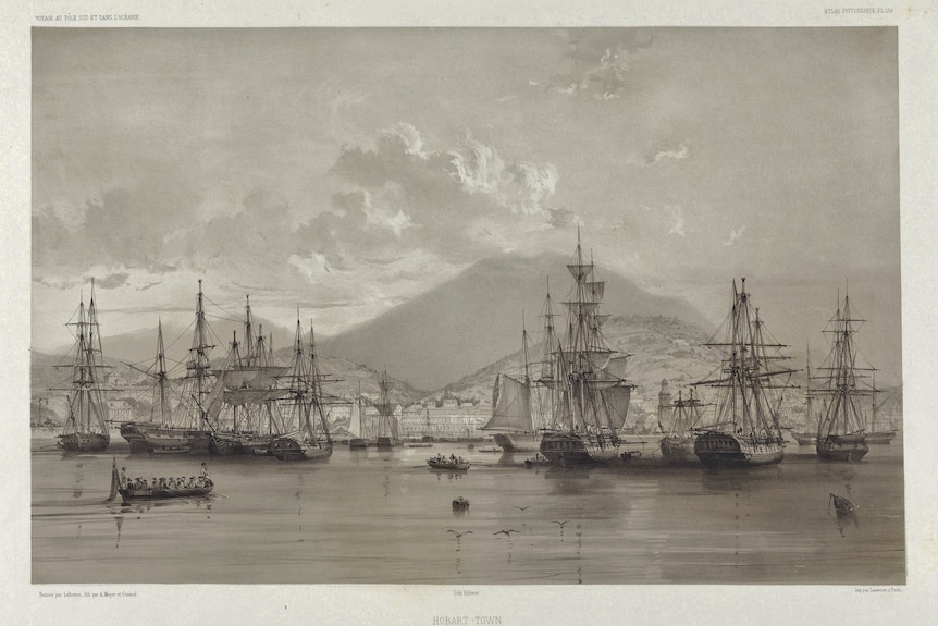 Lithograph of 1846 Hobart with ships in harbour.