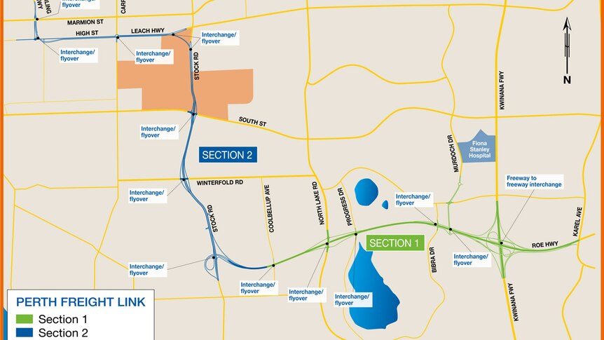 A map shows the original proposals for stages one and two of the planned Perth Freight Link.