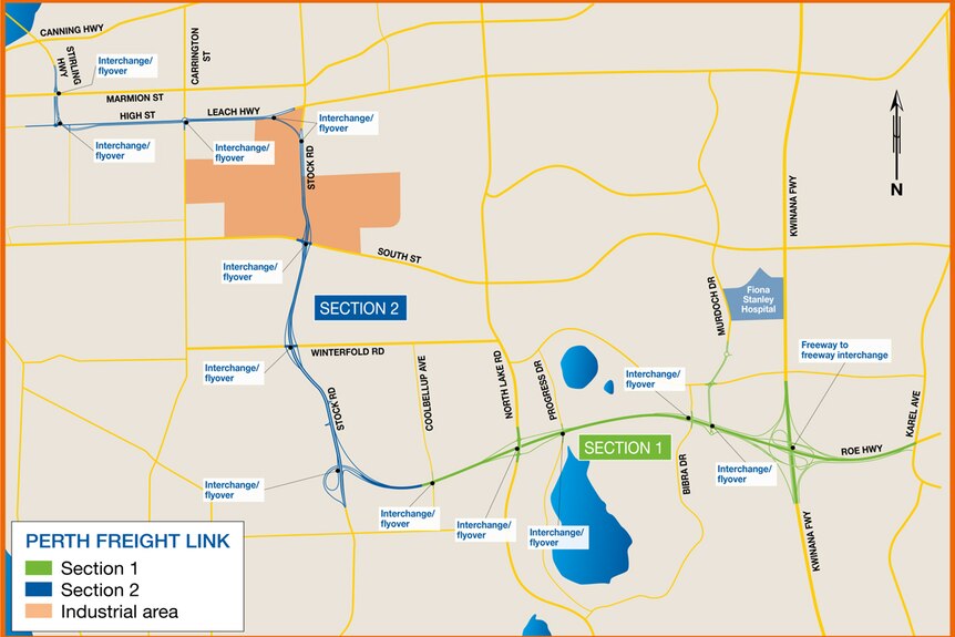 A map shows the original proposals for stages one and two of the planned Perth Freight Link.