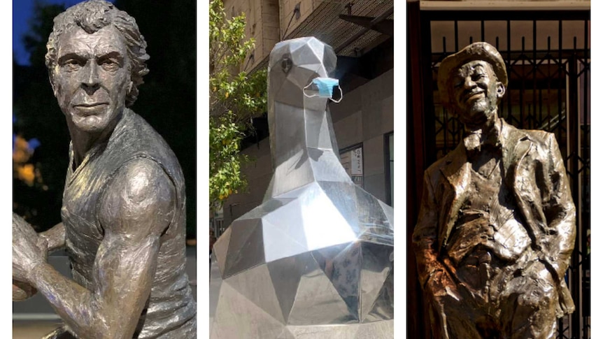 Collage of three Adelaide statuues - Russell ebert, Pigeon, Roy 'Mo' Rene
