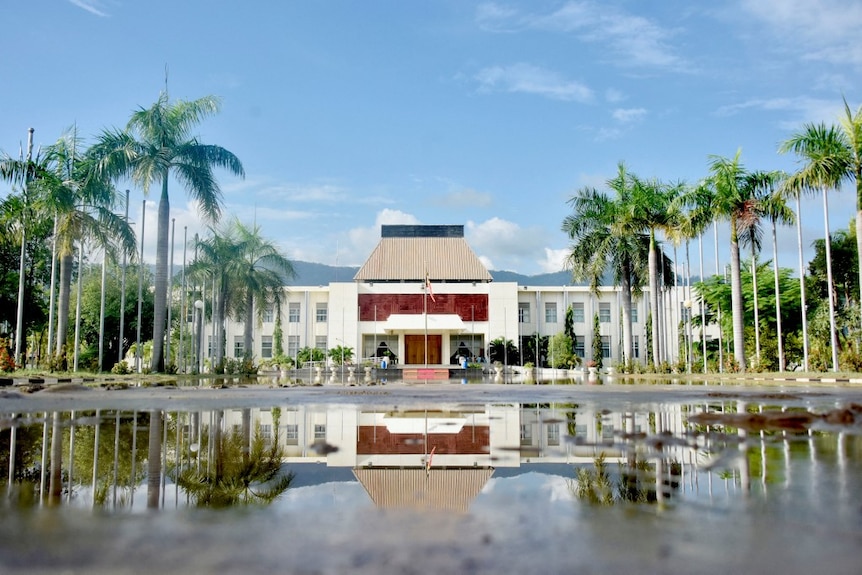 From a low angle, you view a white presidential palace with palm trees either side, with the scene reflected in floodwaters.