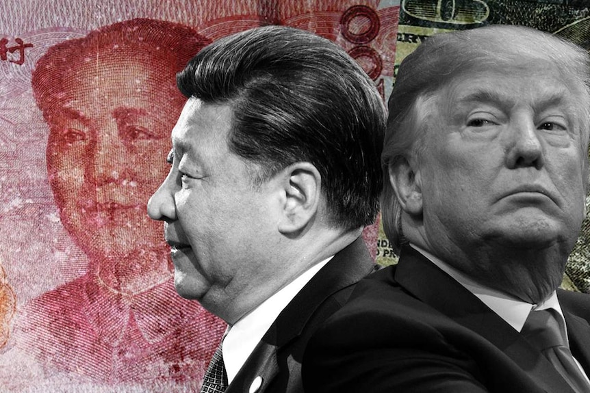 A graphic of President Xi Jinping and President Trump in front of picture of the Chinese and US national currency.